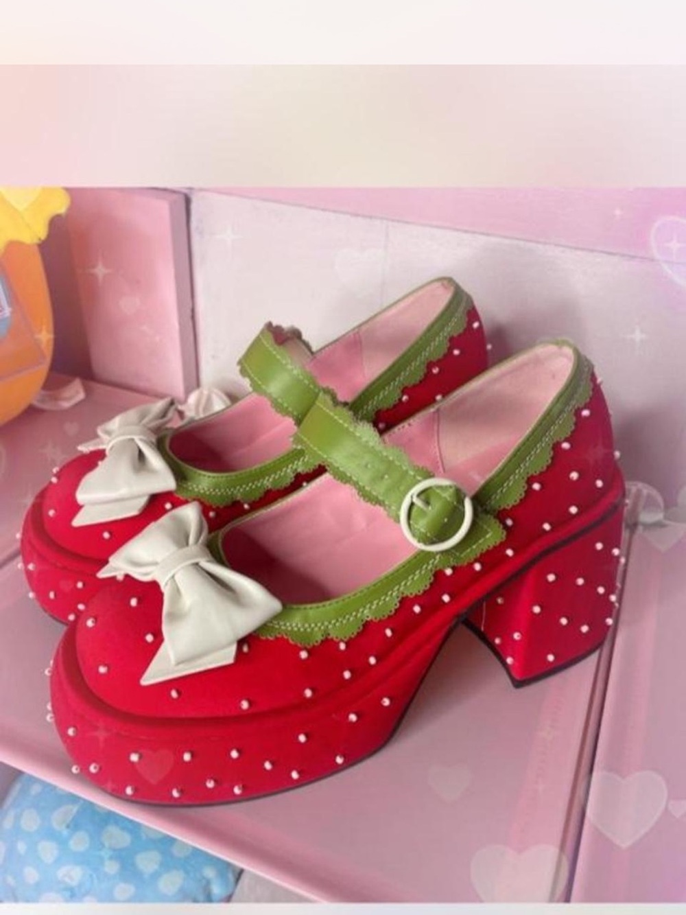 Dolls Kill Red Mary Jane Platform Heels with Green Trim and White Bow
